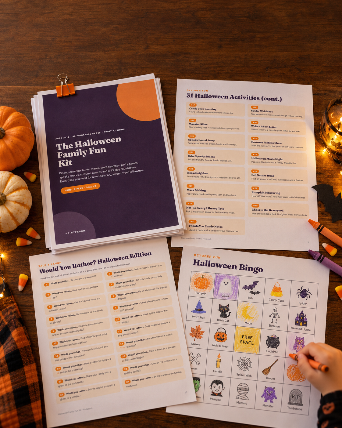 Printed Halloween activity pages on a table